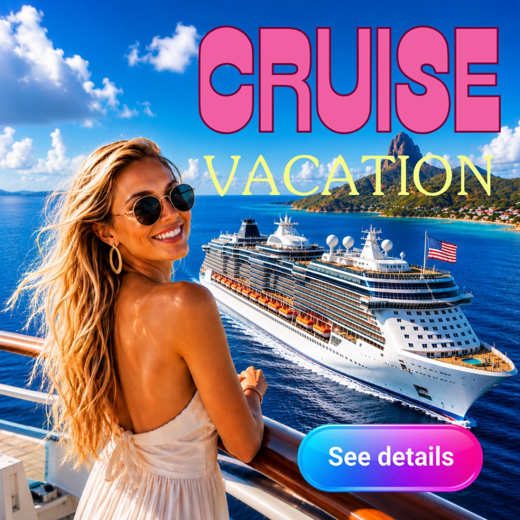 Cruise Vacation — smiling woman on a cruise ship deck with a luxury liner and tropical islands